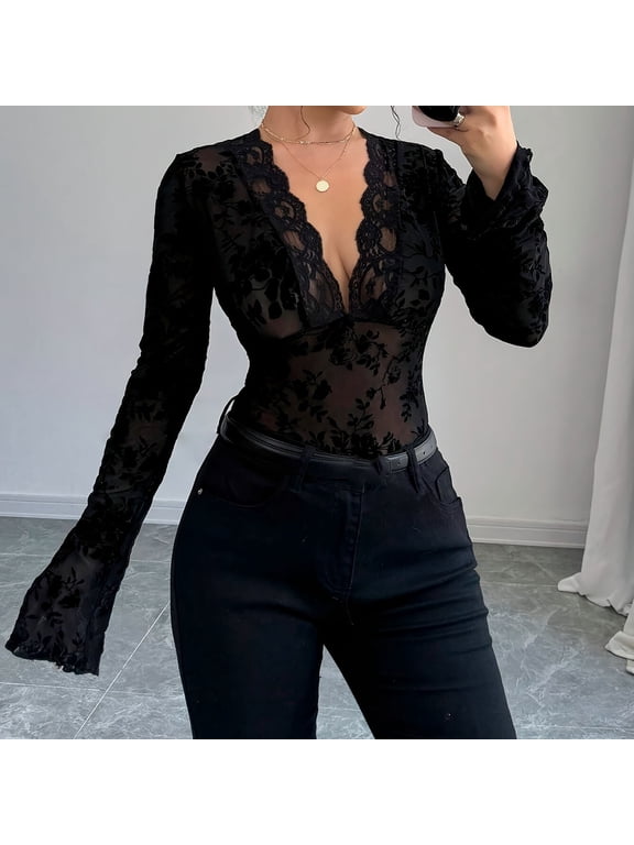 Womens Dressy Blouse Bell Long Sleeve Deep V Neck Floral Lace Tops Sexy Sheer Mesh T Shirts Slim Fitted Tunic Tops Black L