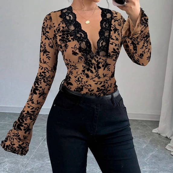 Womens Dressy Blouse Bell Long Sleeve Deep V Neck Floral Lace Tops Sexy Sheer Mesh T Shirts Slim Fitted Tunic Tops Khaki L
