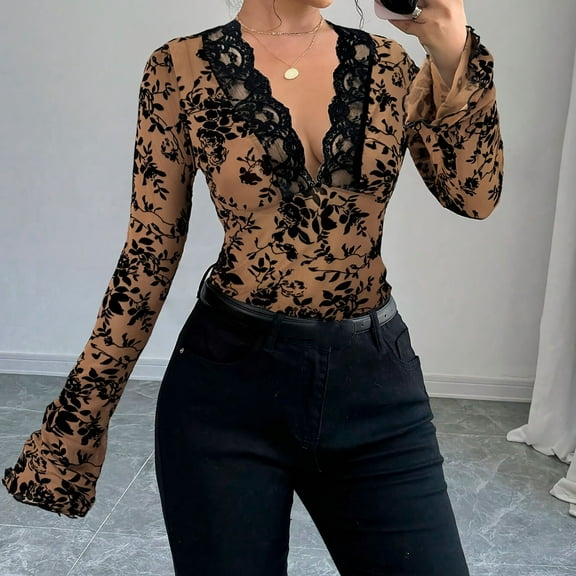 Womens Dressy Blouse Bell Long Sleeve Deep V Neck Floral Lace Tops Sexy Sheer Mesh T Shirts Slim Fitted Tunic Tops Khaki XL