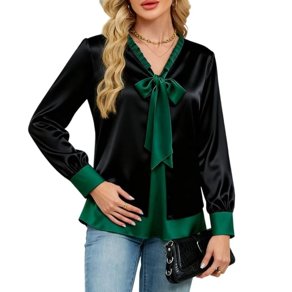 Womens Dressy Blouses Bow Tie Faux Two Piece Long Sleeve Casual Shirts Fashion V Neck Tops Everyday Wear elegance
