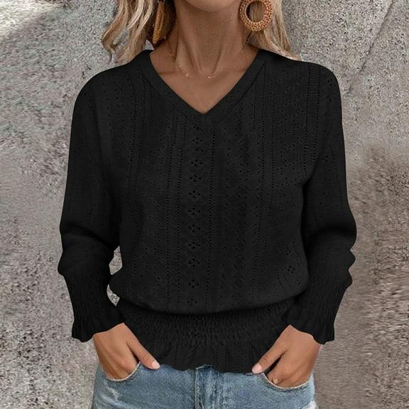 Womens Dressy Blouses Casual Long Sleeve Shirts Crochet Business Tops with Puff Cuff Black M