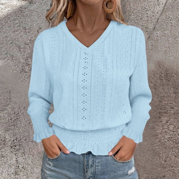 Womens Dressy Blouses Casual Long Sleeve Shirts Crochet Business Tops with Puff Cuff Blue M