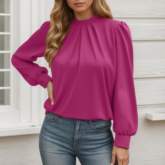 Womens Dressy Blouses Crew Neck Fashion Spring Tops Long Sleeve Solid Color Business Shirts