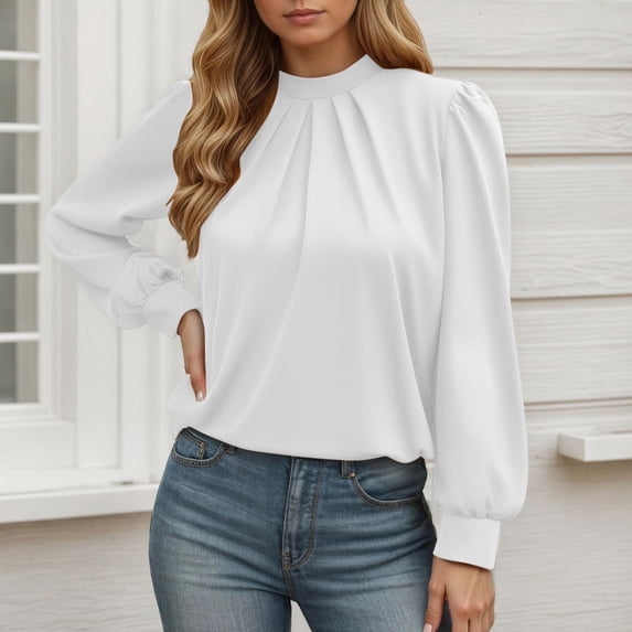 Womens Dressy Blouses Crew Neck Fashion Spring Tops Long Sleeve Solid Color Business Shirts
