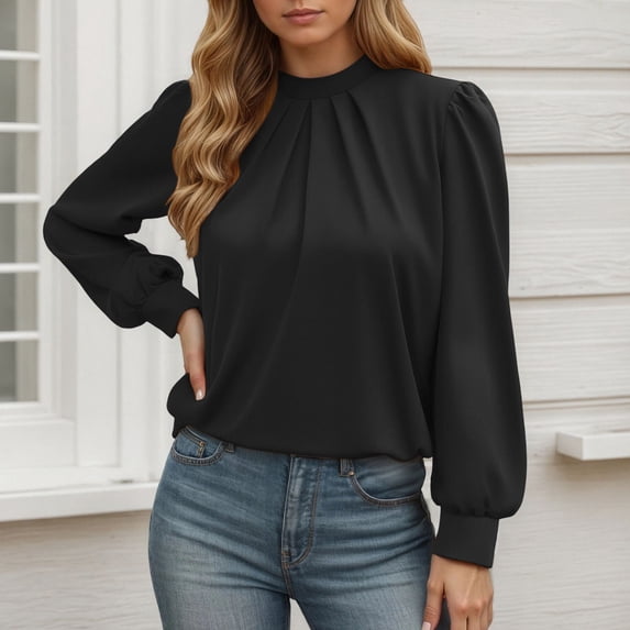 Womens Dressy Blouses Crew Neck Fashion Spring Tops Long Sleeve Solid Color Business Shirts