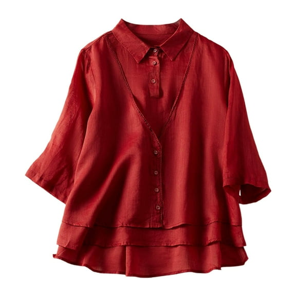 Womens Dressy Blouses, Summer Tops for Women Casual Vintage Solid Color Button Down Short Sleeve V Neck T Shirts M-2XL
