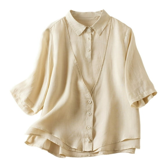 Womens Dressy Blouses, Summer Tops for Women Casual Vintage Solid Color Button Down Short Sleeve V Neck T Shirts M-2XL
