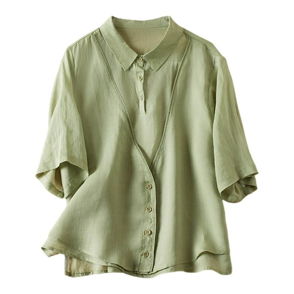 Womens Dressy Blouses, Summer Tops for Women Casual Vintage Solid Color Button Down Short Sleeve V Neck T Shirts M-2XL
