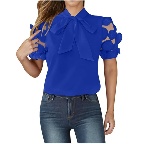 Womens Dressy Blouses with Strappy, Short Sleeve Shirts for Women Summer Casual Solid Color Sexy Lace Patchwork V Neck T-Shirts
