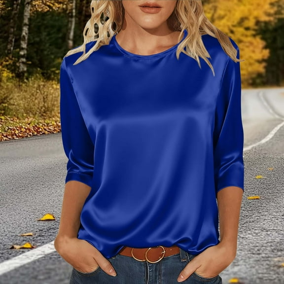 Womens Dressy Business Casual Blouse Pleated Long Sleeve Tops Satin Silk Work Shirt Fall Outfits Blue S