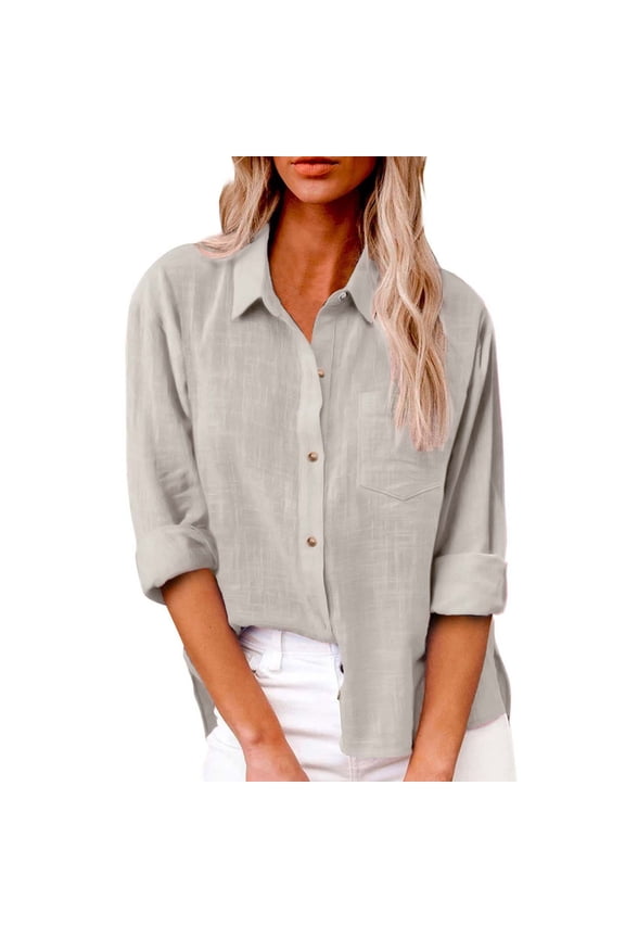 Womens Dressy Button Down Blouses Business Casual Shirts Long Sleeve Crew Neck Solid Color Fashion Tops