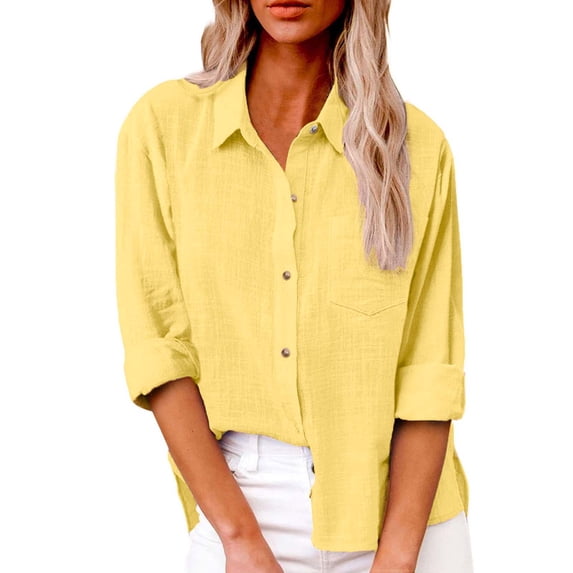 Womens Dressy Button Down Blouses Business Casual Shirts Long Sleeve Crew Neck Solid Color Fashion Tops