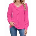 thumbnail image 1 of Womens Dressy Casual Blouse Business Long Sleeve Tops Ruffle V Neck Work Shirt 2025 Rose Red M, 1 of 8