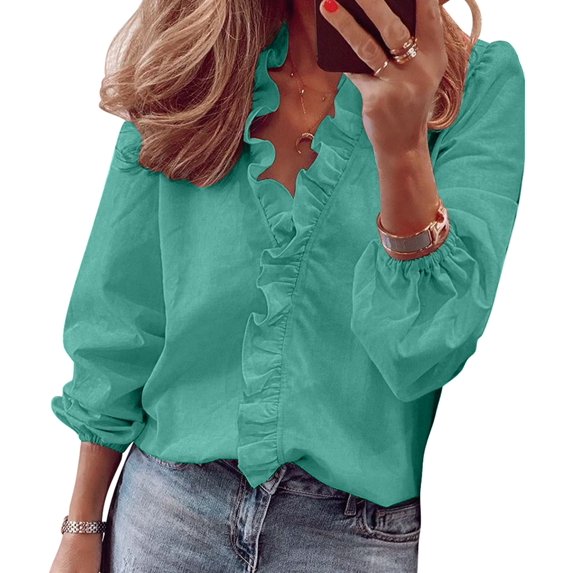 Womens Dressy Casual Blouse Business Long Sleeve Tops Ruffle V Neck Work Shirt Fall Outfit Long Sleeve - Green S