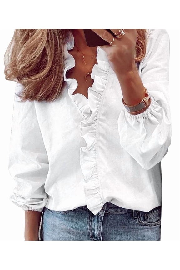 Womens Dressy Casual Blouse Business Long Sleeve Tops Ruffle V Neck Work Shirt Fall Outfit Long Sleeve - White L