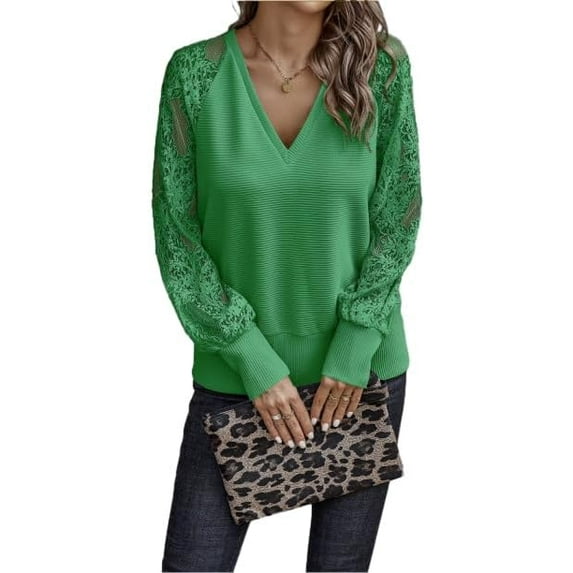 Womens Dressy Casual Blouse Fall Trendy V Neck Long Sleeve Shirts Modest Plain Lace Top Pullover