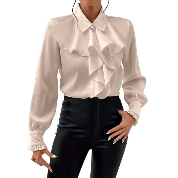 Womens Dressy Casual Blouses Elegant Satin Business Work Shirt Collared Ruffle Tops Fashion Outfits