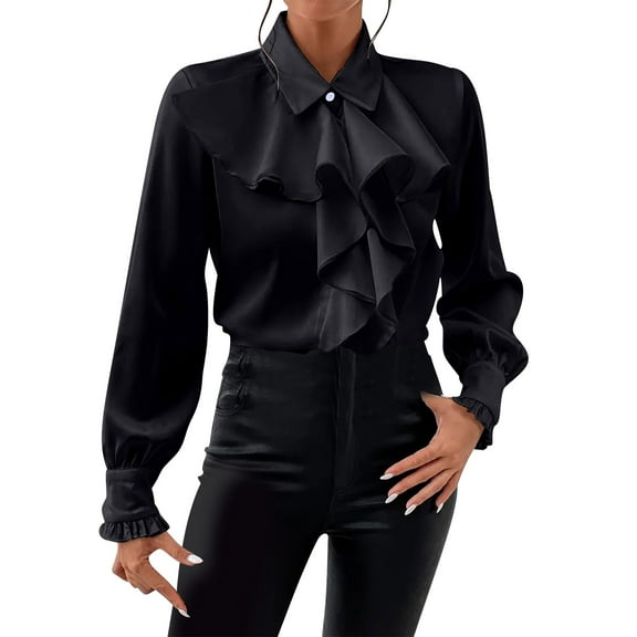 Womens Dressy Casual Blouses Elegant Satin Business Work Shirt Collared Ruffle Tops Fashion Outfits