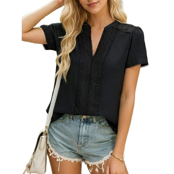 Womens Dressy Casual Blouses V Neck Business Tops Short Sleeve Summer Ladies Trendy Boho Shirts