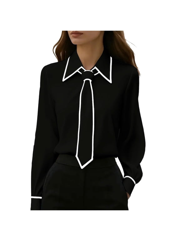 Womens Dressy Casual Blouses with Ties Long Sleeve Lapel Elegant Shirts Business Office Work Tops