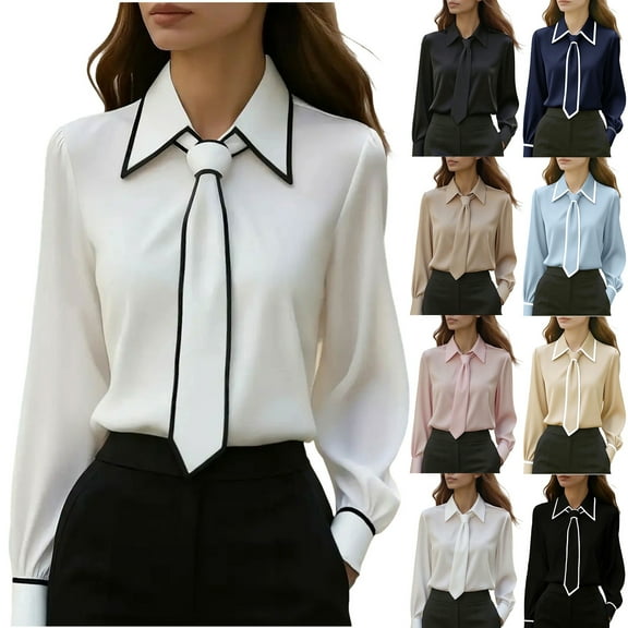Womens Dressy Casual Blouses with Ties Long Sleeve Lapel Elegant Shirts Business Office Work Tops