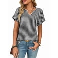 thumbnail image 1 of Womens Dressy Casual Cap Short Sleeve Tops Trendy Summer V Neck Loose Striped Casual Basic T Shirts Tee Blouses Black L, 1 of 7