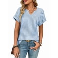 thumbnail image 1 of Womens Dressy Casual Cap Short Sleeve Tops Trendy Summer V Neck Loose Striped T Shirts Blouses  Blue XXL, 1 of 7