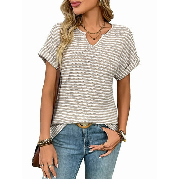 Womens Dressy Casual Cap Short Sleeve Tops Trendy Summer V Neck Loose Striped T Shirts Blouses  M