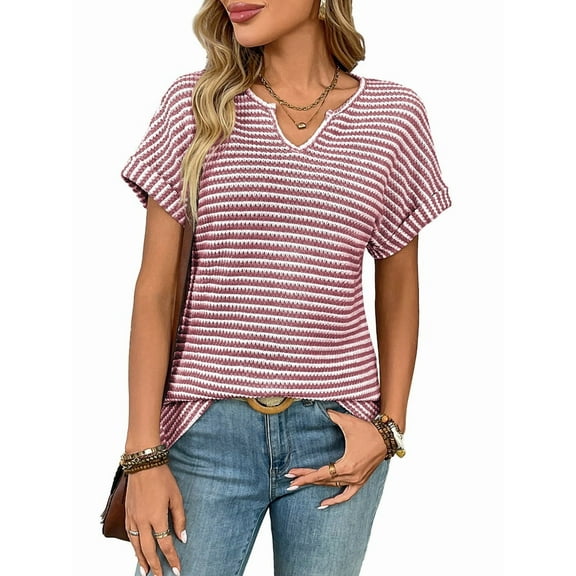 Womens Dressy Casual Cap Short Sleeve Tops Trendy Summer V Neck Loose Striped T Shirts Blouses Wine Red S