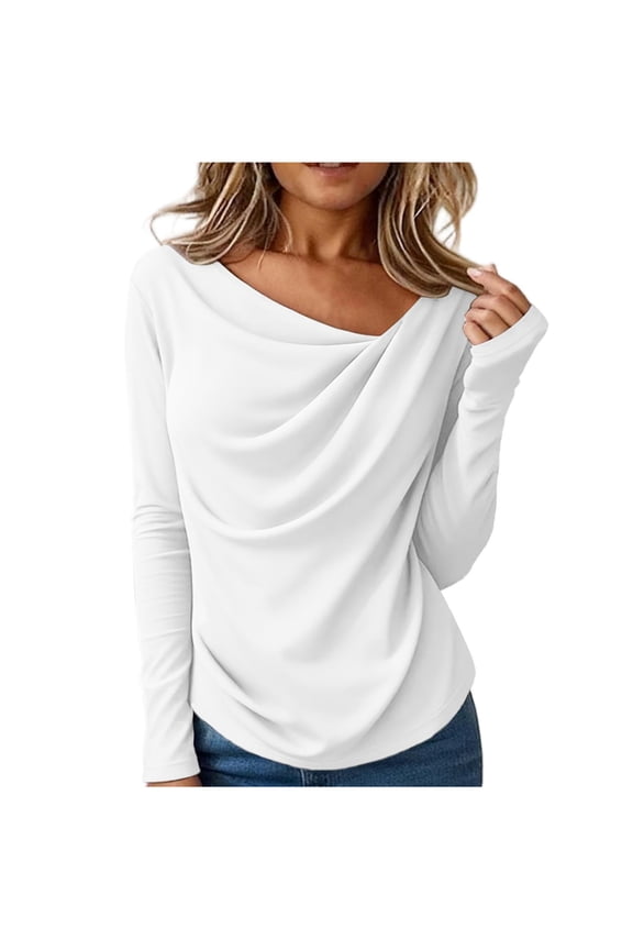 Womens Dressy Casual Cowl Neck Drape Ruched Front Tops Blouse Business Long Sleeve Shirts V Neck Work Shirt Fall Outfit 2025 Blouse Shirts