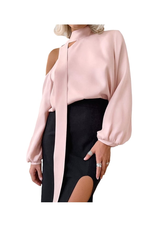 Womens Dressy Casual Off-Shoulder Top, Fashionable Satin Pullover Long-Sleeved Shirt Pink L