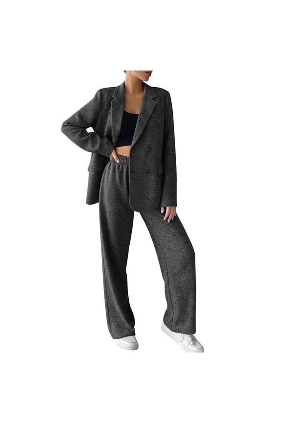 Womens Dressy Casual Outfits 2 Piece Comfy Cotton Suit Blazer Jacket and Elatic Waisted Wide Leg Pant Sets (L, Dark Gray)