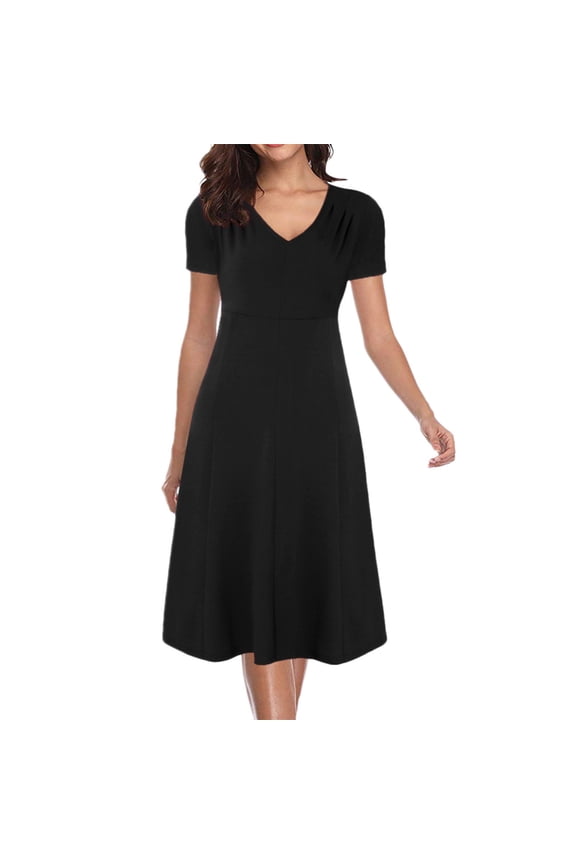Womens Dressy Casual Party Midi Dress V Neck Short Sleeve Empire Waist Swing A Line Tea Length Retro Dress (Large, Black)