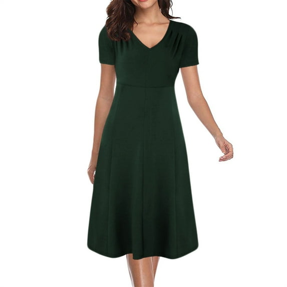 Womens Dressy Casual Party Midi Dress V Neck Short Sleeve Empire Waist Swing A Line Tea Length Retro Dress (Small, Green)