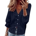 thumbnail image 1 of Womens Dressy Casual Shirts Button Up Long Sleeve V Neck Ruffled Tops with Elastic Cuffs Plus Size Spring Clothes (2XL, Navy), 1 of 8