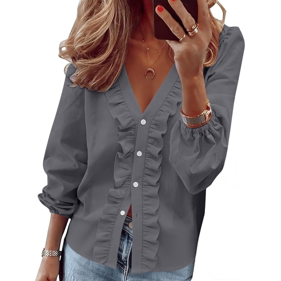 Womens Dressy Casual Shirts Button Up Long Sleeve V Neck Ruffled Tops with Elastic Cuffs Plus Size Spring Clothes (S, Gray)