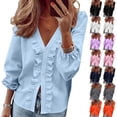 thumbnail image 1 of Womens Dressy Casual Shirts Button Up Long Sleeve V Neck Ruffled Tops with Elastic Cuffs Plus Size Spring Clothes (XL, Light Blue), 1 of 8