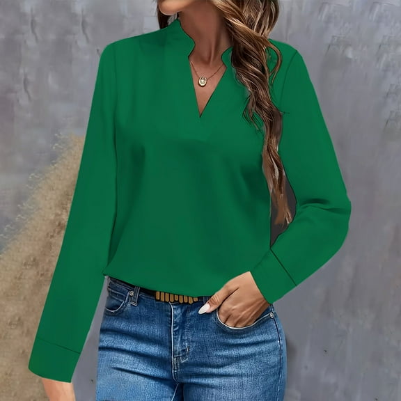 Womens Dressy Casual Shirts Long Sleeve V Neck Blouses Loose Fit Work Office Outfit Solid Color Fall Clothes (M, Green)