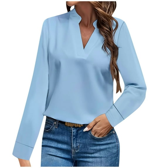 Womens Dressy Casual Shirts Long Sleeve V Neck Blouses Loose Fit Work Office Outfit Solid Color Fall Clothes (S, Blue)