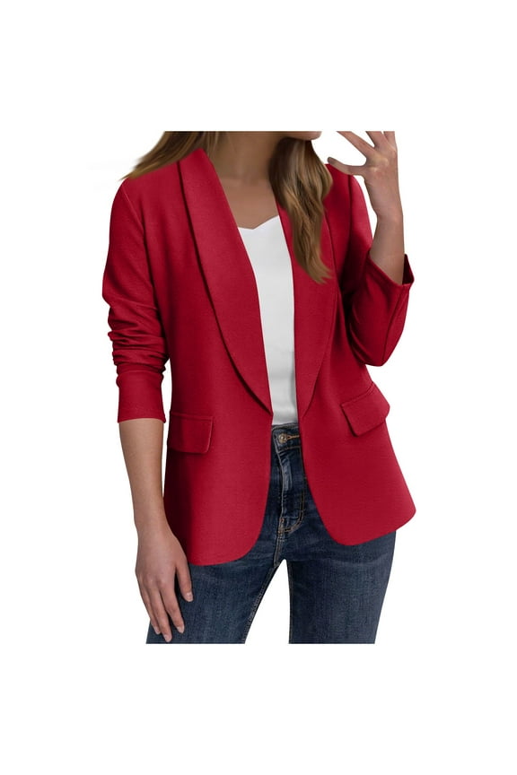 Womens Dressy Casual Suit Blazer Jacket Shawl Collar Long Sleeve Cardigan Open Front Work Office Blouse Outwear (L, Red)