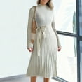 thumbnail image 1 of Womens Dressy Casual Sweater Dress with Belt Mock Crew Neck Long Sleeve Ribbed Knit Flowy A-Line Midi Dress (XL, White), 1 of 7