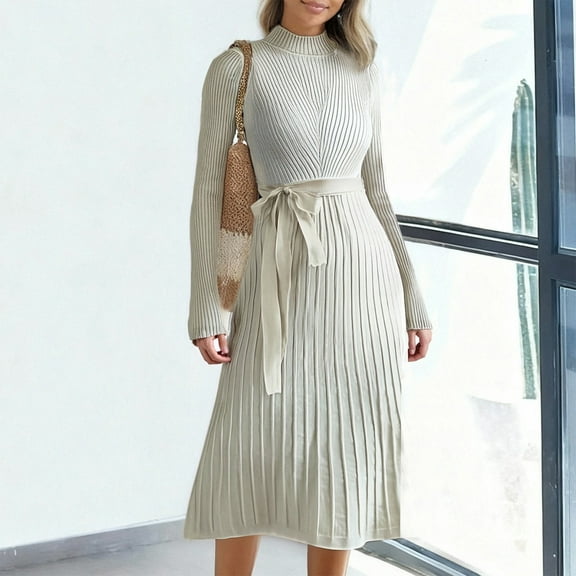Womens Dressy Casual Sweater Dress with Belt Mock Crew Neck Long Sleeve Ribbed Knit Flowy A-Line Midi Dress (XL, White)