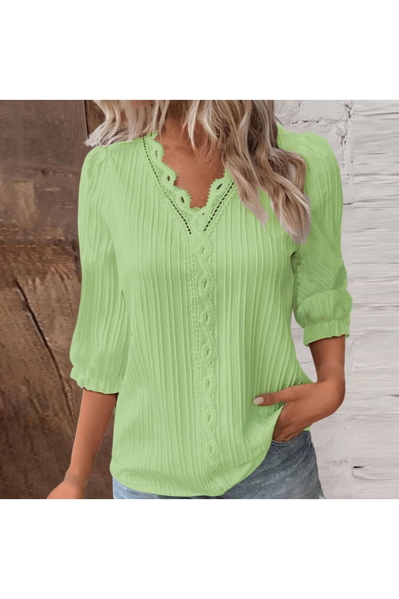 Womens Dressy Casual Tops 2026 Summer Lace Blouse for Women 3/4 Sleeve Womens Dressy Casual Tops V Neck Shirts Elbow Length Blouse Elegant Trendy Summer Tunic Tshirts Army Green Xl by Duoif