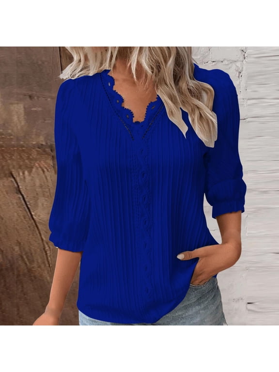 Womens Dressy Casual Tops 2026 Summer Lace Blouse for Women 3/4 Sleeve Womens Dressy Casual Tops V Neck Shirts Elbow Length Blouse Elegant Trendy Summer Tunic Tshirts Navy Xl by Duoif