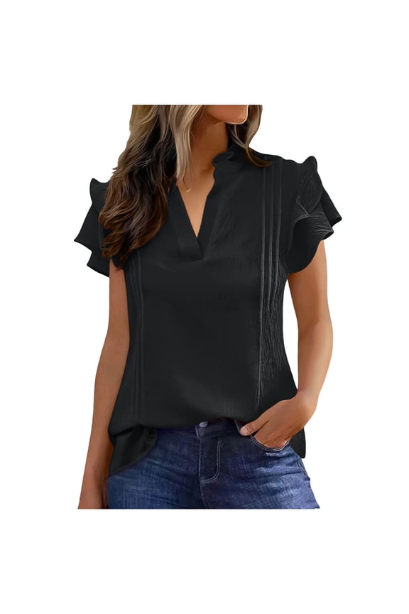 Womens Dressy Casual Tops Double Ruffle Short Sleeve V Neck Beach T Shirts Summer Elegant Business Work Blouse Black XL
