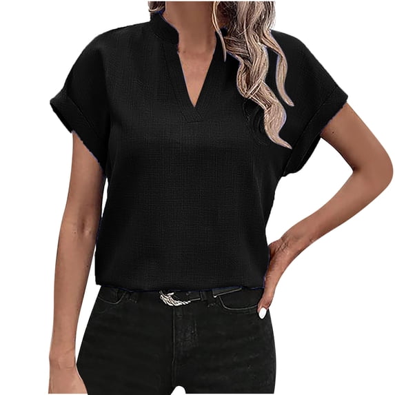 Womens Dressy Casual Tops Rolled Short Sleeve V Neck Cotton Linen Tshirt Loose Solid Color Tunics Blouse Shirts (L, Black)