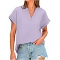 thumbnail image 1 of Womens Dressy Casual Tops Rolled Short Sleeve V Neck Cotton Linen Tshirt Loose Solid Color Tunics Blouse Shirts (XL, Purple), 1 of 6