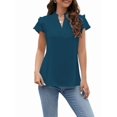 thumbnail image 1 of Womens Dressy Casual Tops Ruffle Short Sleeve V Neck Shirts Elegant Business Work Blouse Dark Blue L, 1 of 5