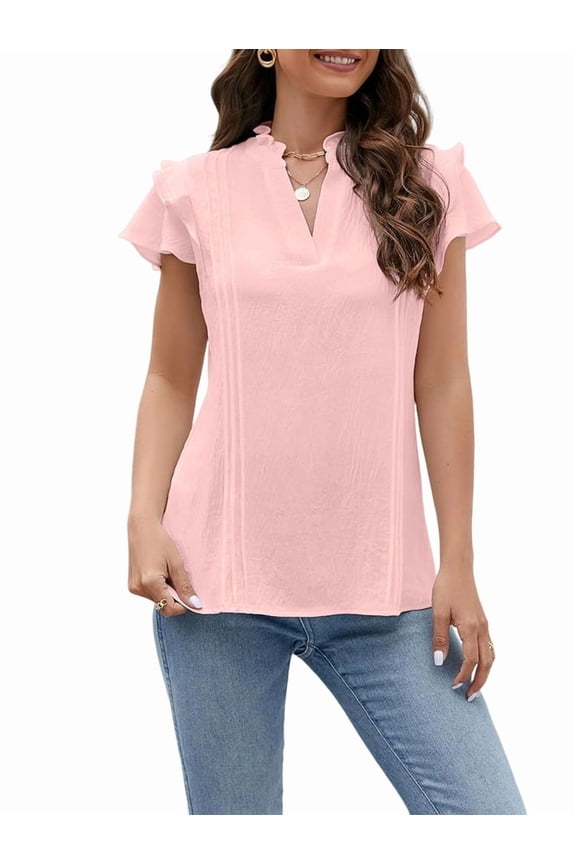Womens Dressy Casual Tops Ruffle Short Sleeve V Neck Shirts Elegant Business Work Blouse Pink S