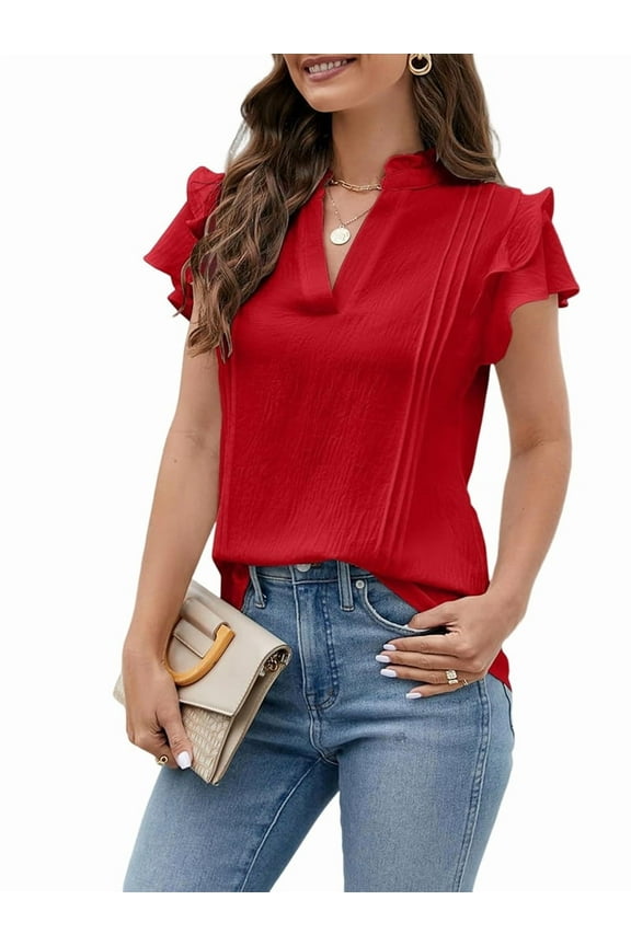 Womens Dressy Casual Tops Ruffle Short Sleeve V Neck Shirts Elegant Business Work Blouse Red L